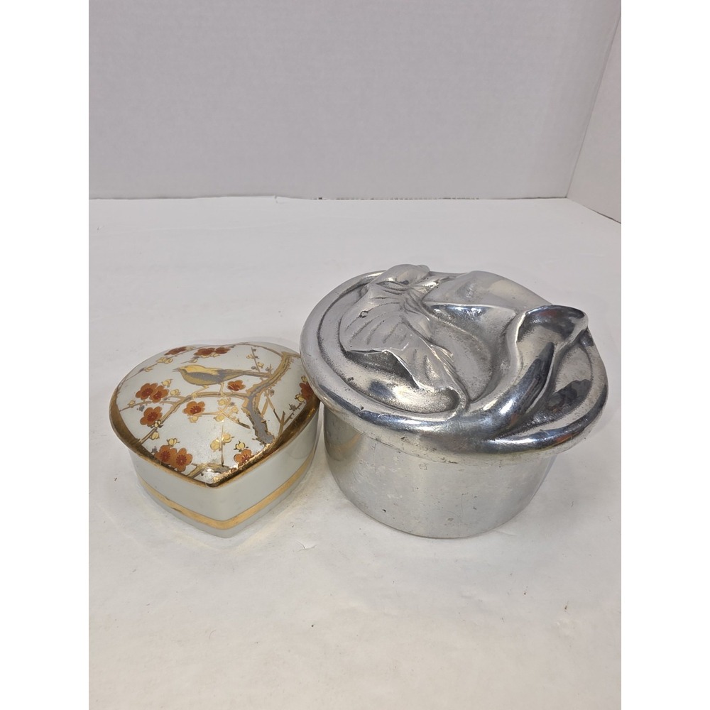 Trinket Box Lot Of 2 Silver Pewter Calla Lily Porcelain Bird Cherry Blossoms